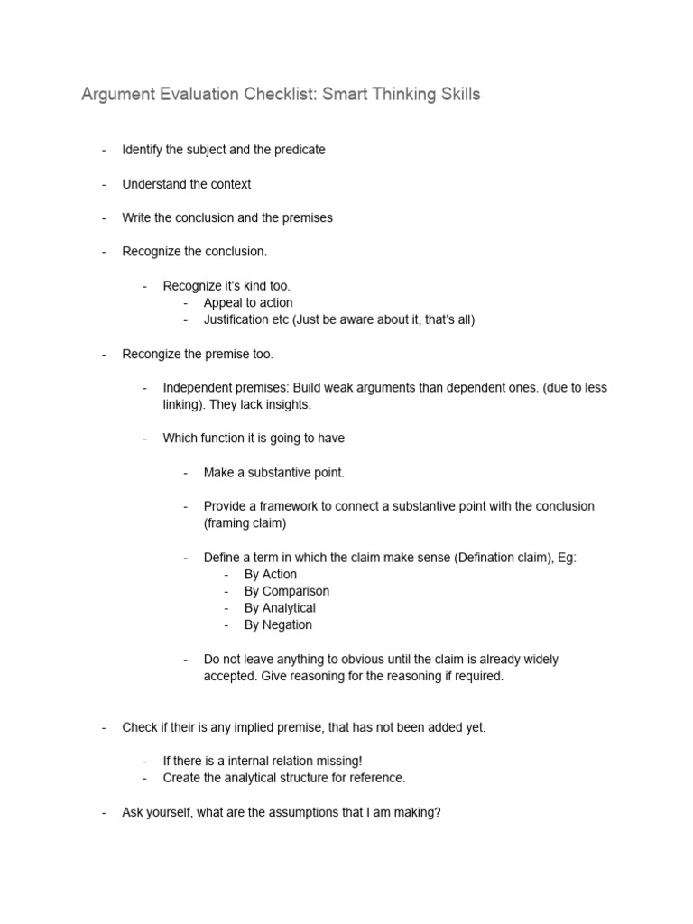 Argument Evaluation Checklist | PDF | Argument | Cognition