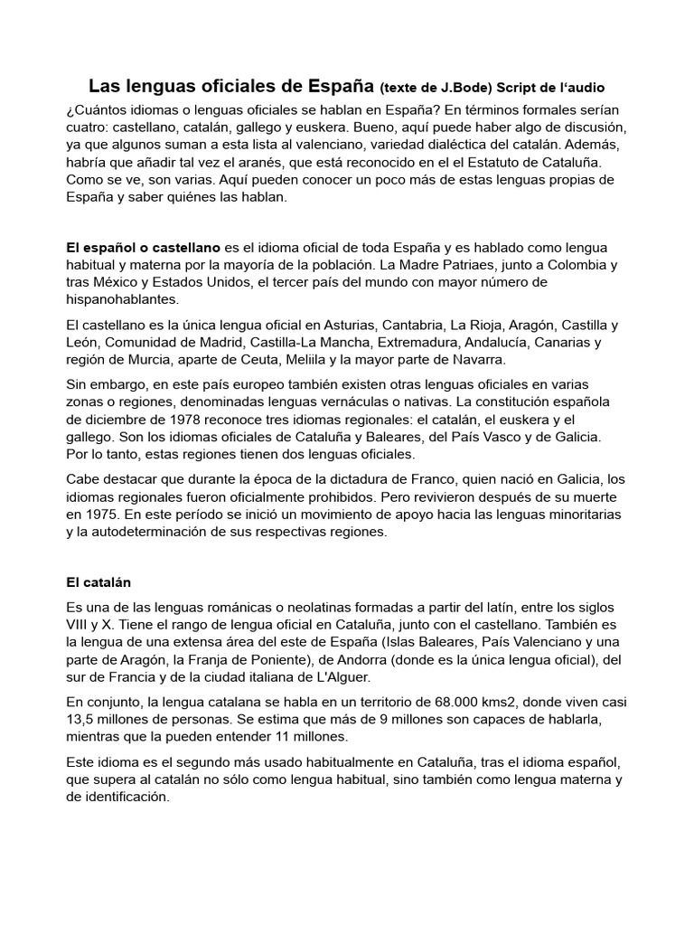 Las Lenguas Oficiales de Espana PDF Europa España