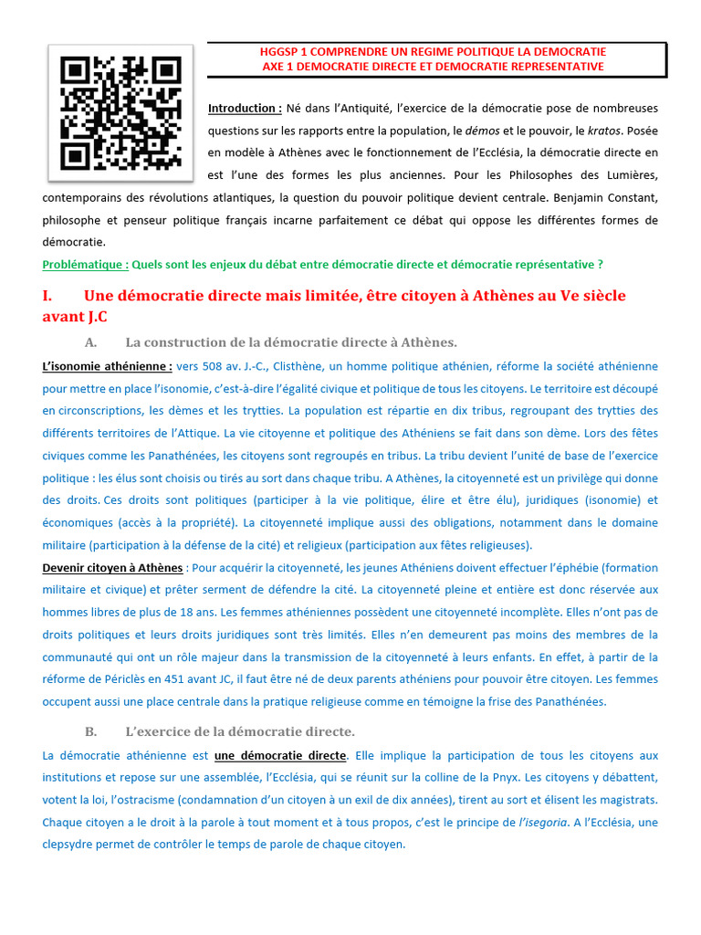 Démocratie directe et représentative à Athènes | PDF | Démocratie ...
