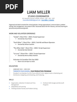 Liam Miller - Studio Coordinator - Resume