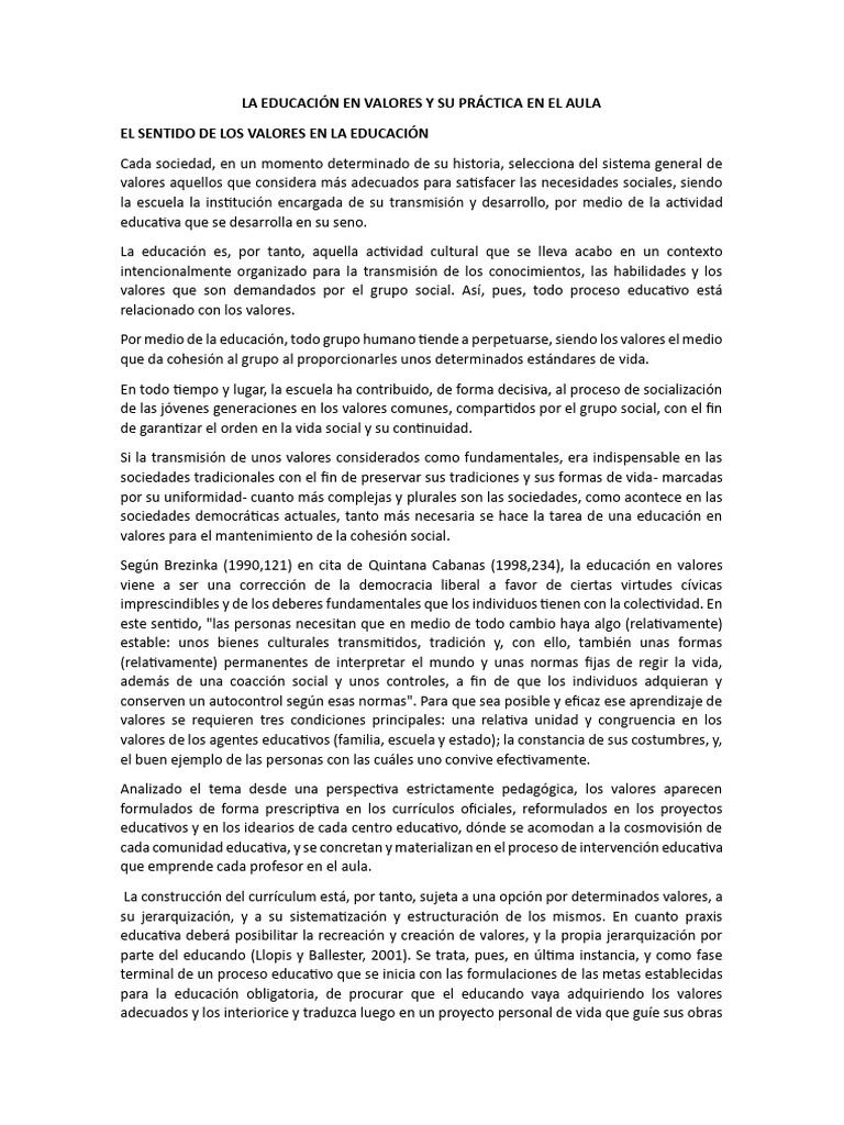 La Educación en Valores y Su Práctica en El Aula | PDF