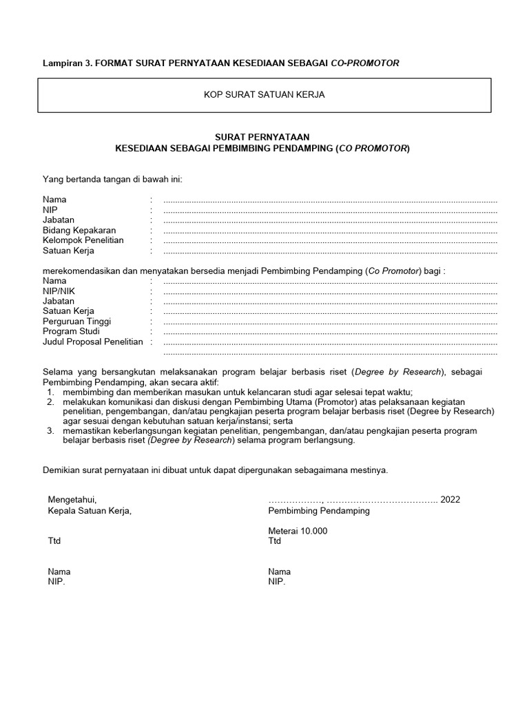 Format Surat Pernyataan Kesediaan Sebagai Co-Promotor | PDF