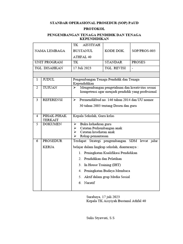 SOP PENGEMBANGAN TENAGA PENDIDIK DAN TENAGA KEPENDIDIKAN | PDF