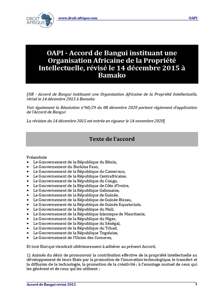 Accord de Bangui Révisé 2015 OAPI | PDF | Affaires | Maison et jardin