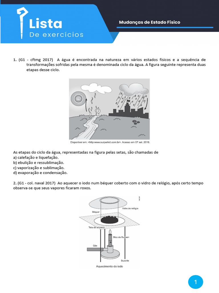Exercícios sobre Mudanças de Estado Físico | PDF | Química Física ...