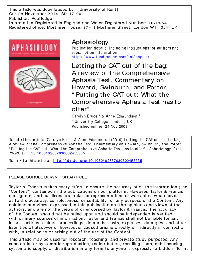 Review of the Comprehensive Aphasia Test | PDF | Aphasia | Neuroscience