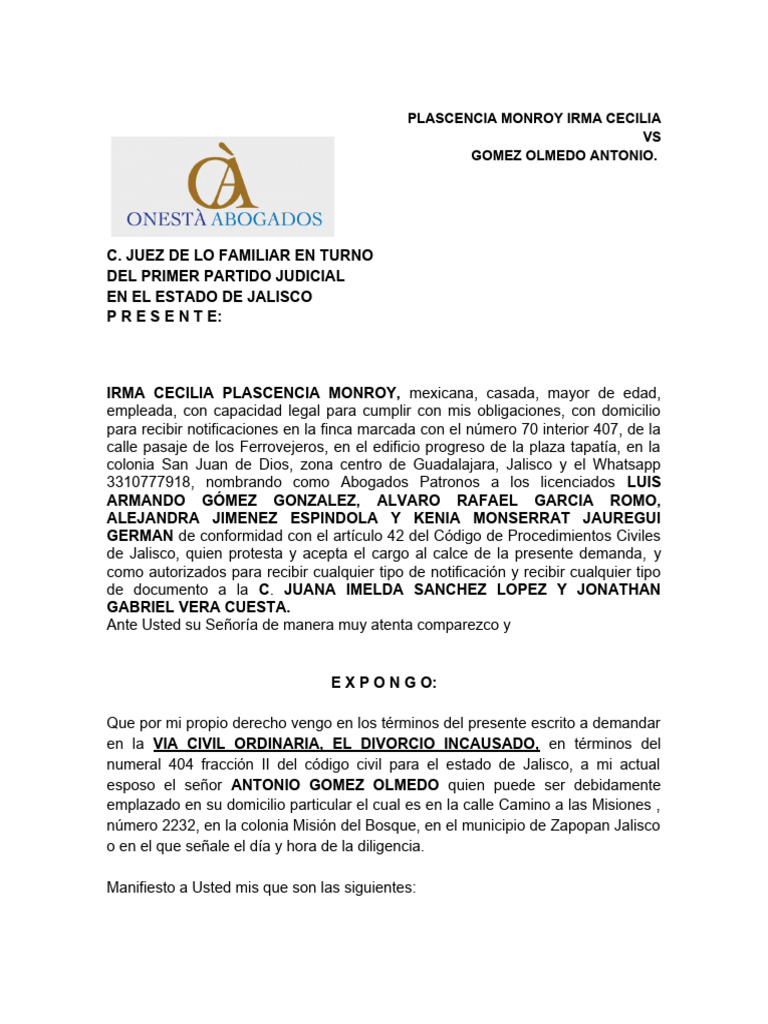 Divorcio Incausado Plascencia Monroy Irma Cecilia | PDF