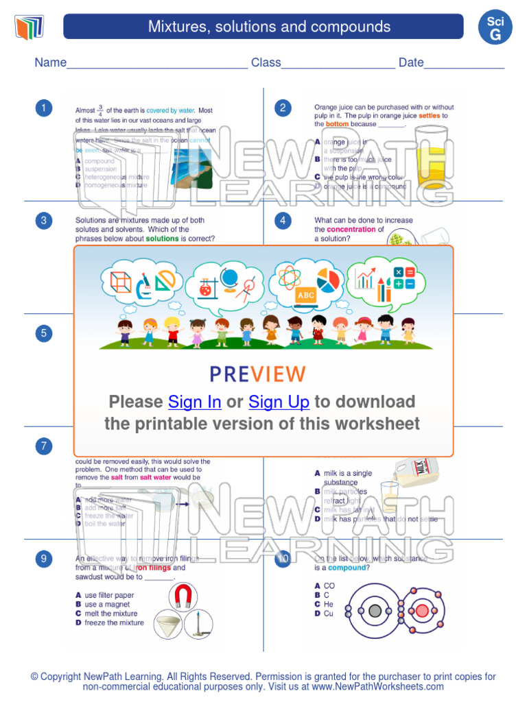 Worksheet Science Grade 7 Mixtures Solutions and Compounds 1 0 ...