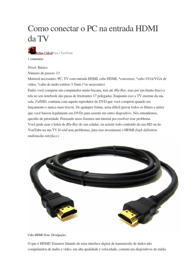 Como Conectar O PC Na Entrada HDMI Da TV HDMI V deo