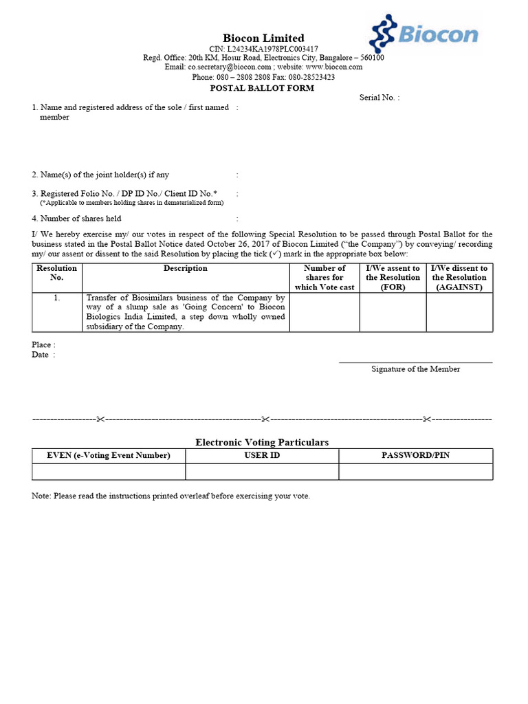 Biocon Postal Ballot & E-Voting Guide | PDF | Password | Electronic Voting