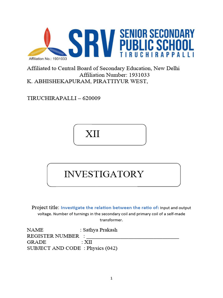 Sathya Prakesh Investigatory Project Physics | PDF