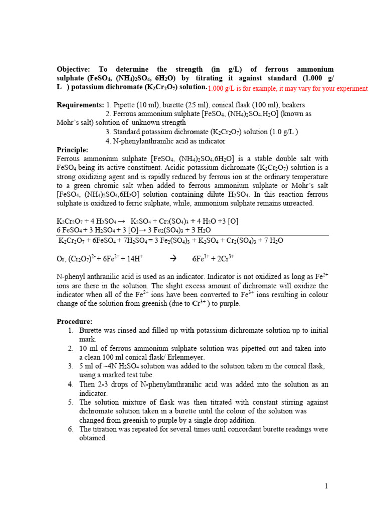 Mohr's Salt Titration with K2Cr2O7 | PDF
