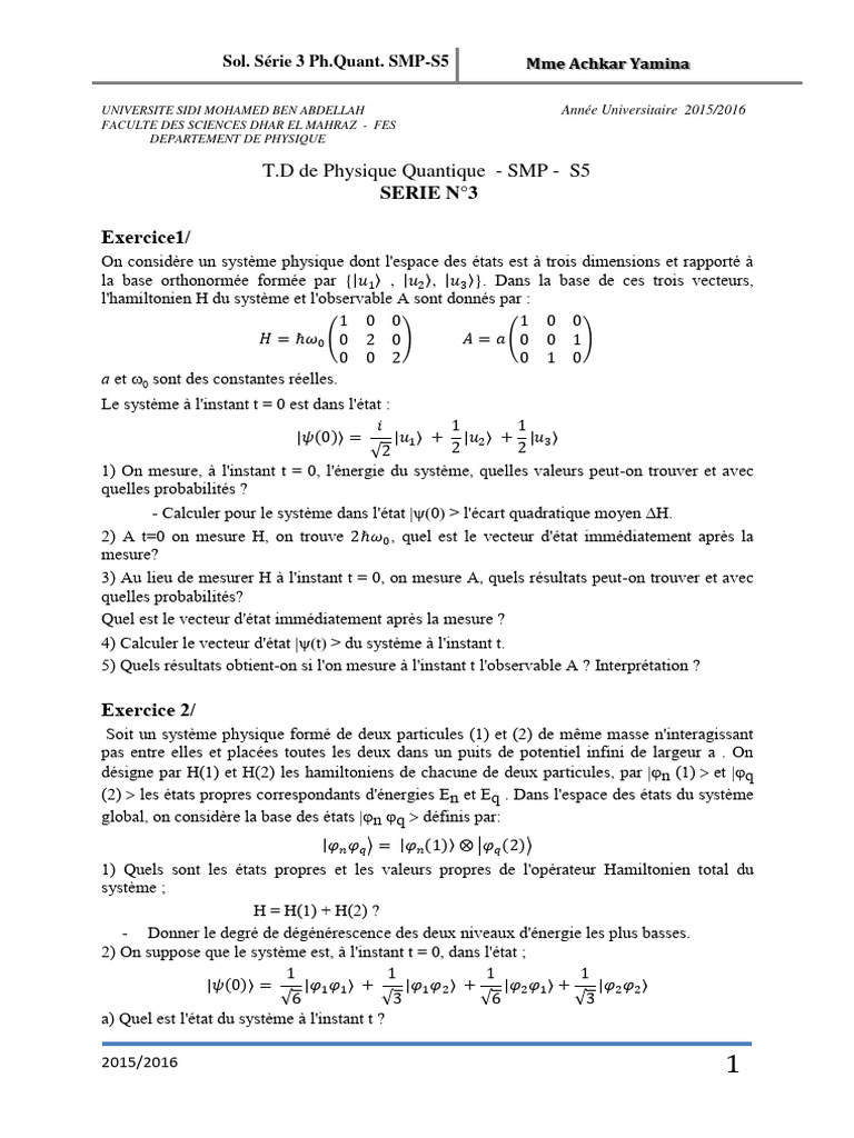 Exercices de Physique Quantique S5 | PDF | Sciences physiques ...
