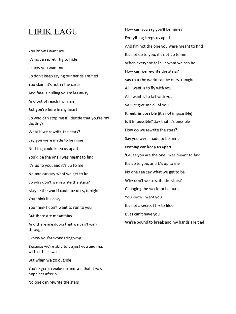 Lirik Lagu Rewrite The Stars | PDF