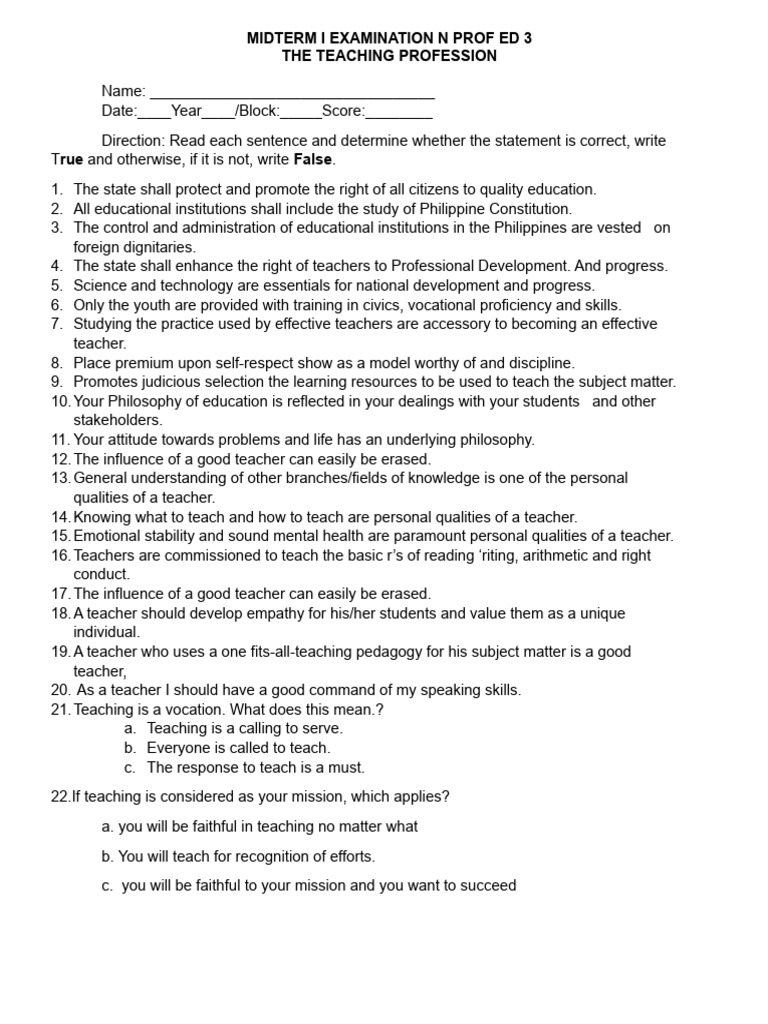 Midterm Exam: Teaching Profession Concepts | PDF | Teachers ...