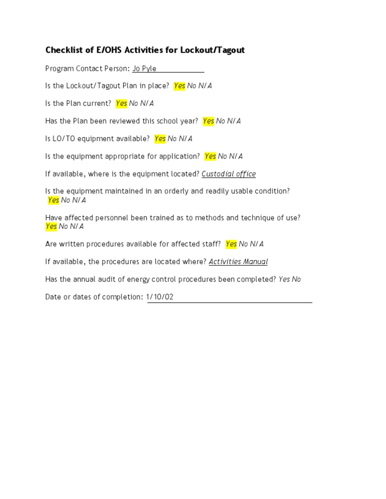 Lockout/Tagout E/OHS Checklist | PDF