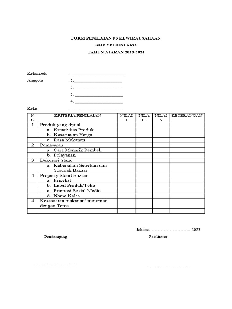 Form Penilaian Bazaar Pekan Kewirausahaan | PDF