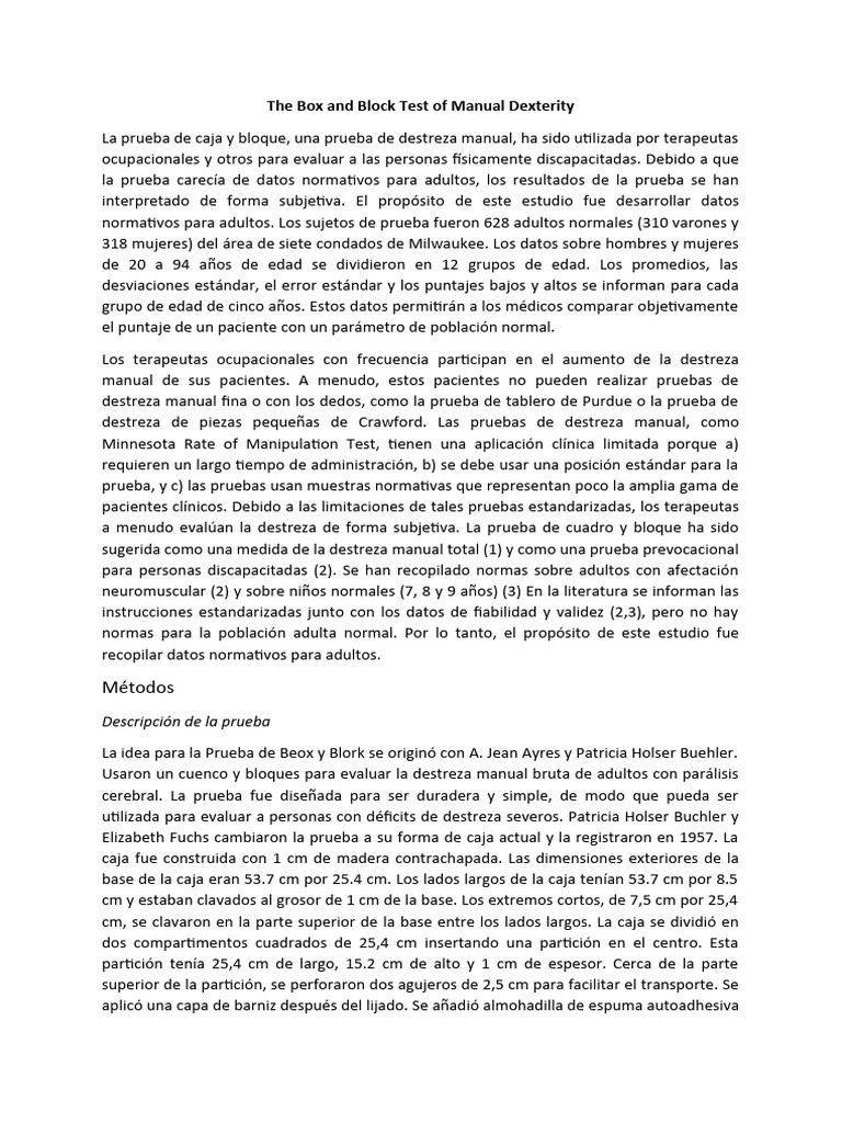The Box and Block Test of Manual Dexterity | PDF | Terapia ocupacional