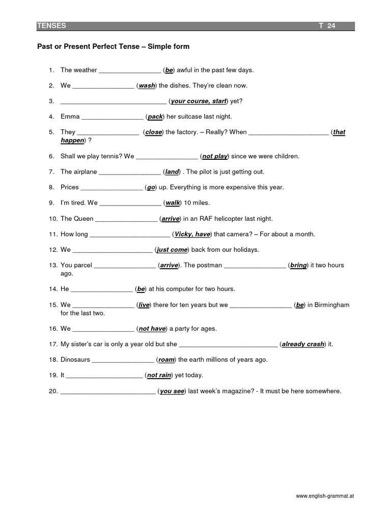Past or Present Perfect Tense - Simple Form: Tenses T 24 | PDF