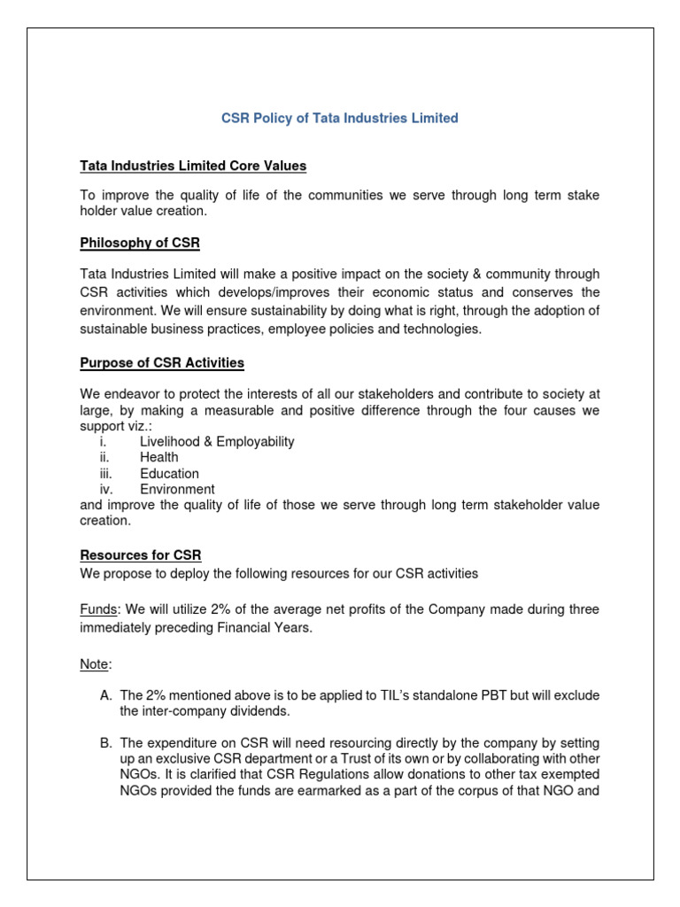 Tata Industries CSR Policy Overview | PDF