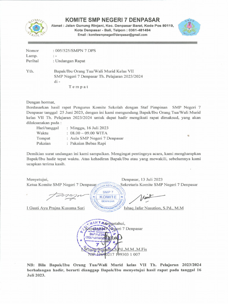 Undangan rapat orang tua siswa kelas 7 | PDF