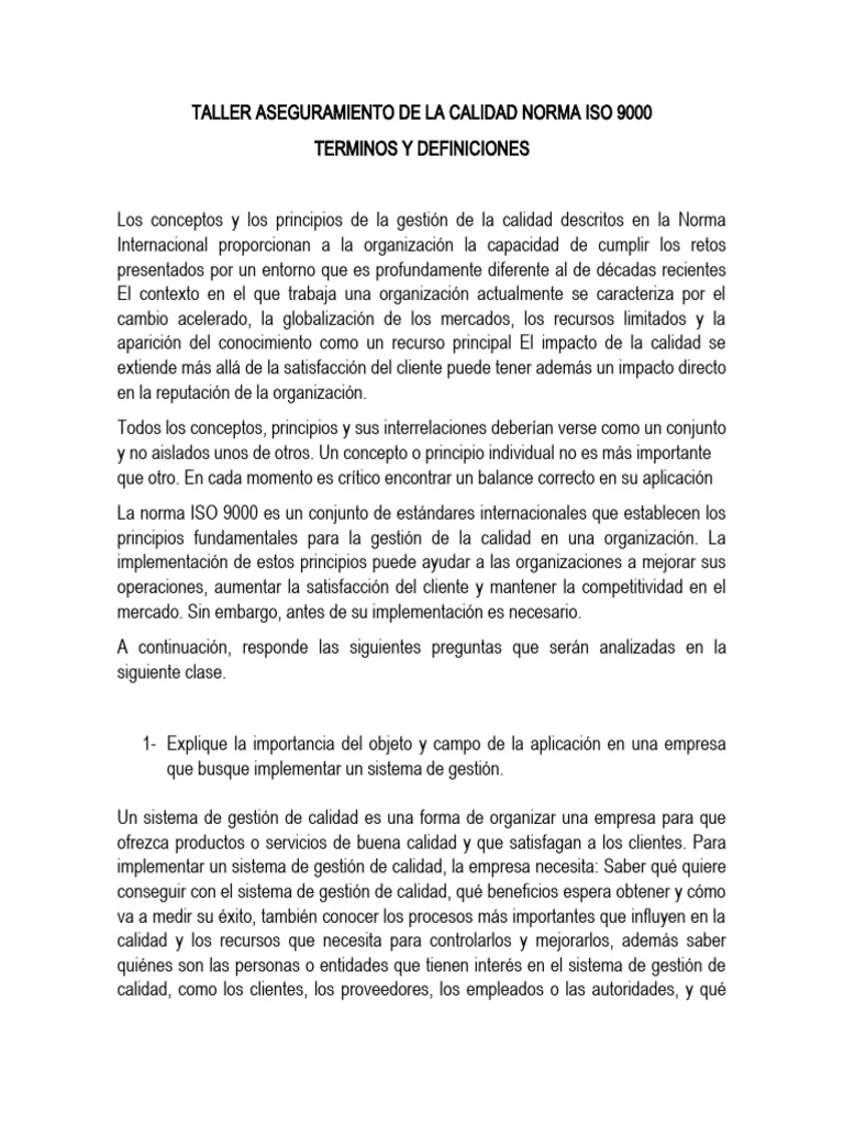 Taller Aseguramiento de La Calidad Norma Iso 9000 | PDF | Negocios
