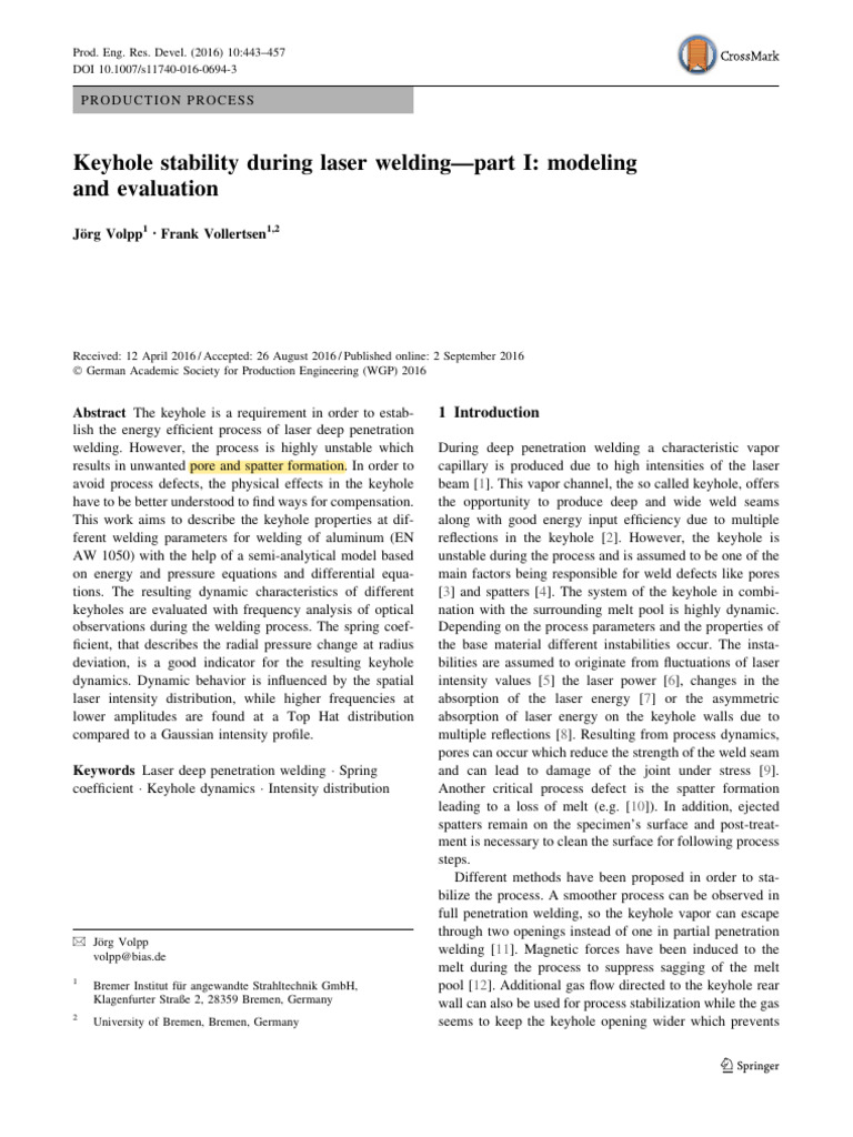 Keyhole Dynamics in Laser Welding | PDF | Pressure | Amplitude
