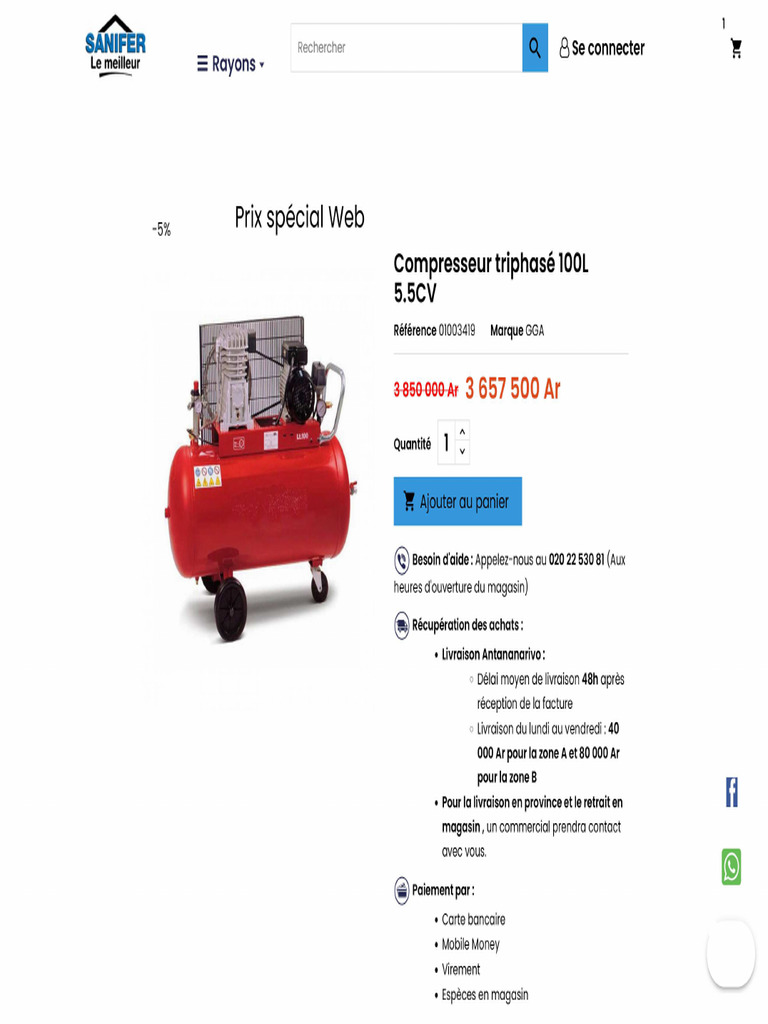 Compresseur 100L 5.5CV Triphasé GGA - Sanifer