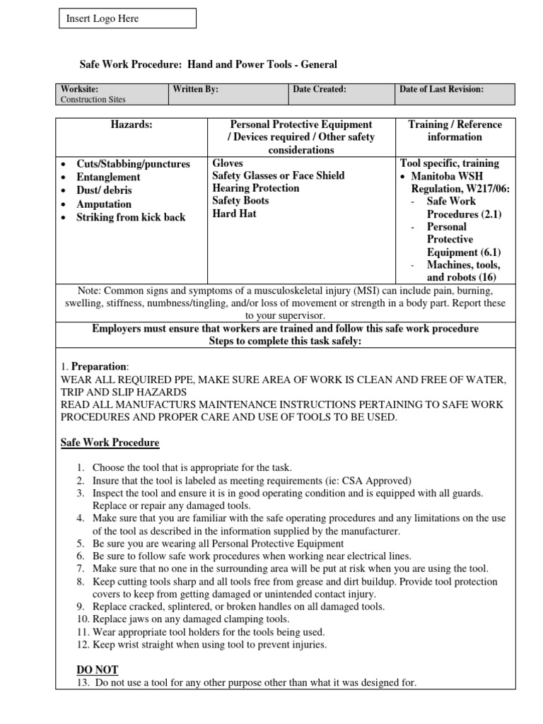 Safe Work Procedure Hand and Power Tools General Personalization