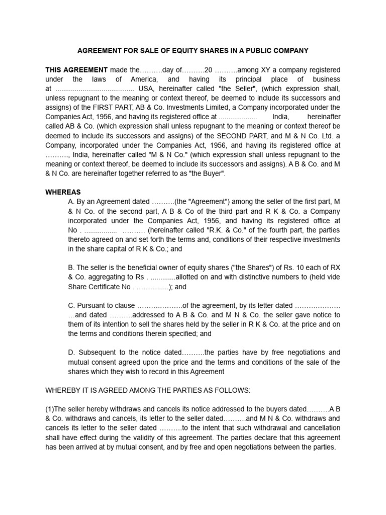 Agreement For Sale of Equity Shares in A Public Company | PDF ...