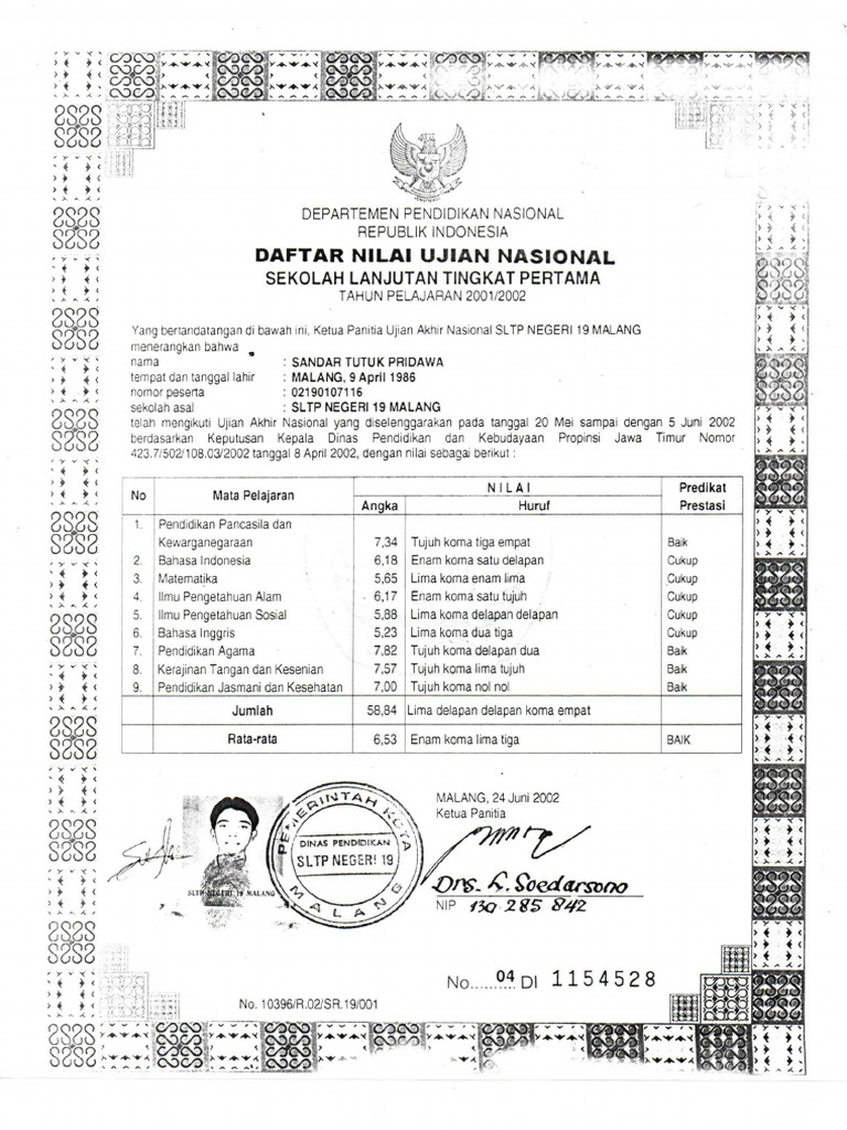Transkrip Nilai SMP | PDF