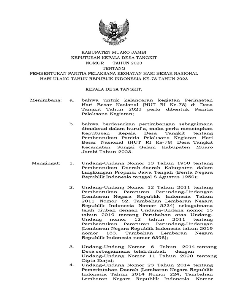 Pembentukan Panitia HUT RI Ke-78 Desa Tangkit | PDF