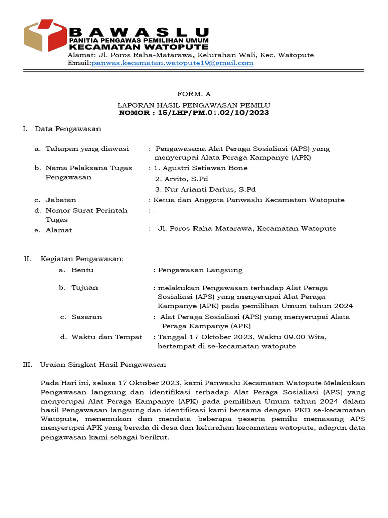 Form A Hasil Hasil Pengawasan APS Menyerupai APK Kecamatan Watopute PDF