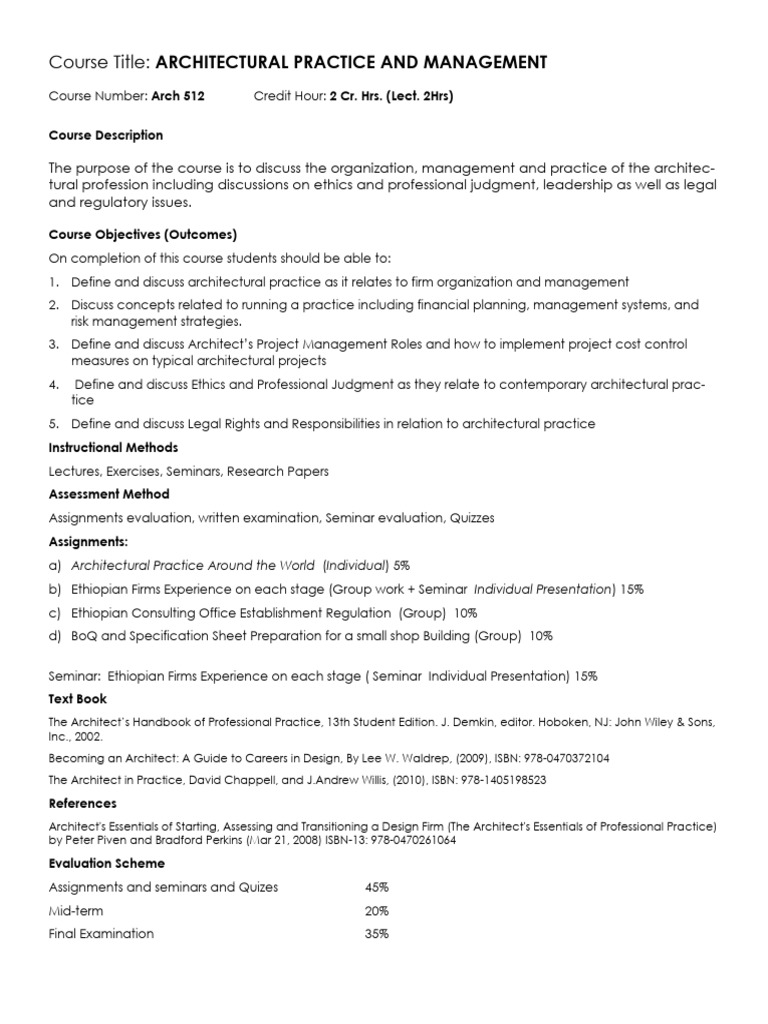 Course Outline For Architectural Practice and Management Updated | PDF