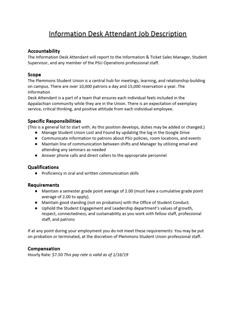Information Desk Attendant Job Description PDF