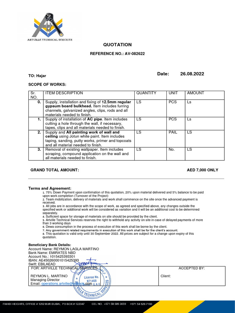 Gypsum Ceiling Work Quotation | PDF