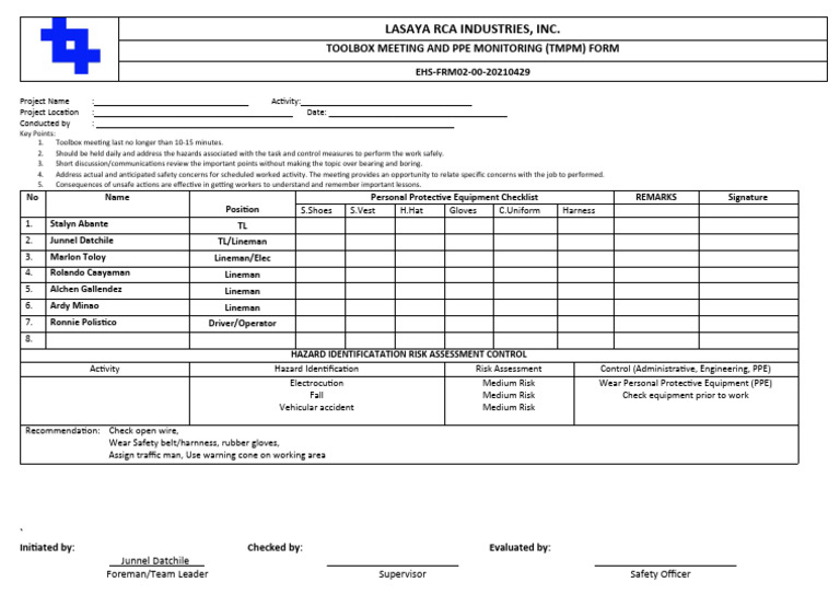 Lasaya Rca Industries, Inc.: Toolbox Meeting and Ppe Monitoring (TMPM ...
