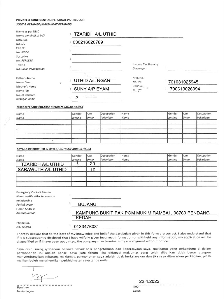 Personal Particular Form form PDF