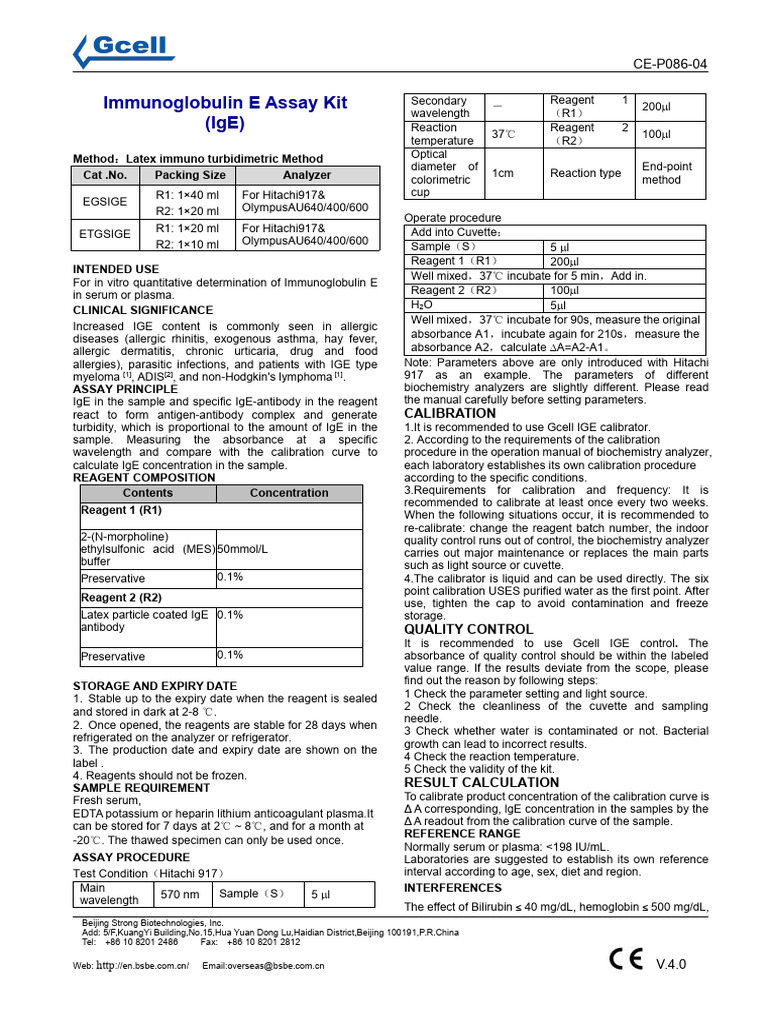 Immunoglobulin E Assay Kit (Ige) : Calibration | PDF