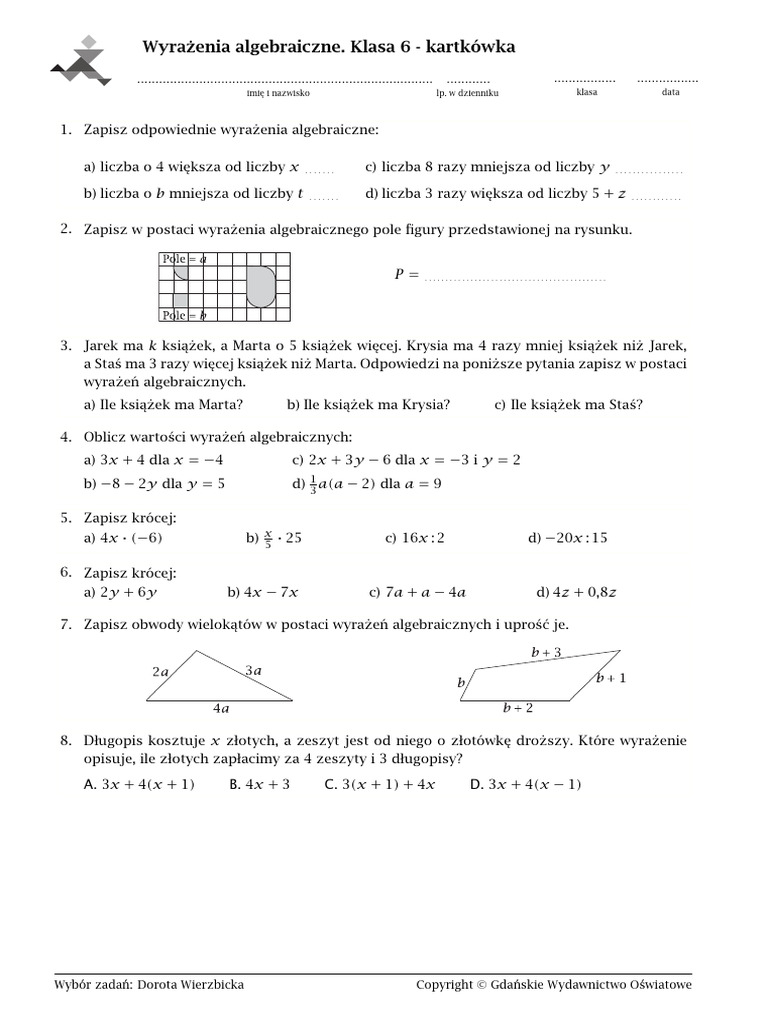Matematyka Z Plusem ćwiczenia Klasa 6 Liczby I Wyrażenia Algebraiczne Wyrażenia Algebraiczne. Klasa 6 - Kartkówka | PDF