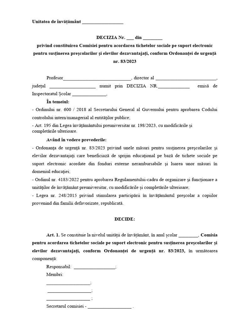 Anexa 1 decizie numire comisie acordare tichete sociale pe suport