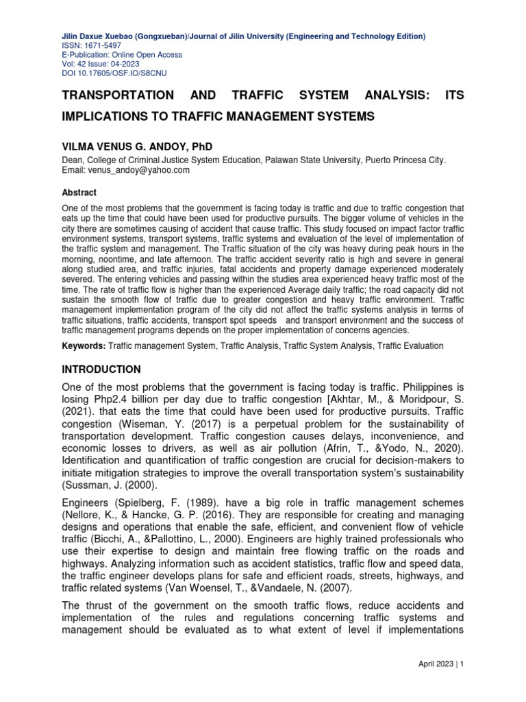 Transportation and Traffic System Analysis: Its Implications To Traffic ...