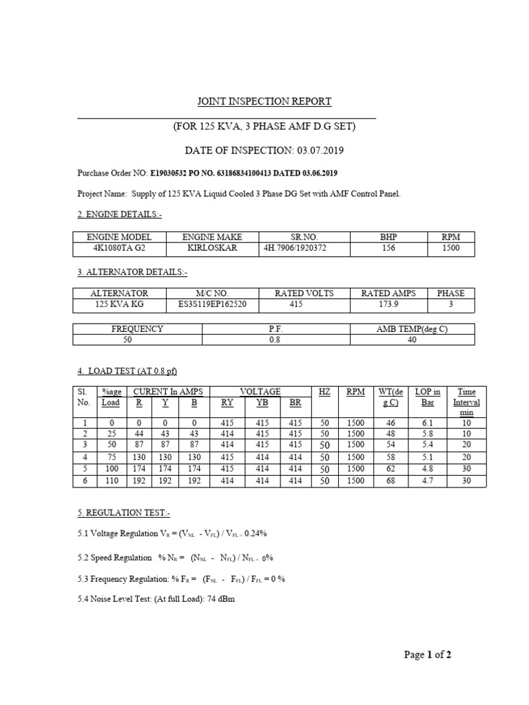 125 KVA DG Set Inspection Report | PDF