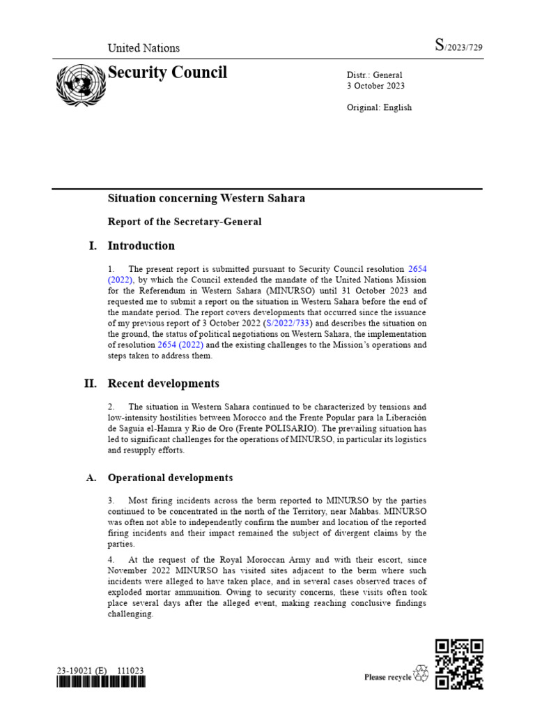 MINURSO Report on Western Sahara Situation | PDF | Western Sahara ...