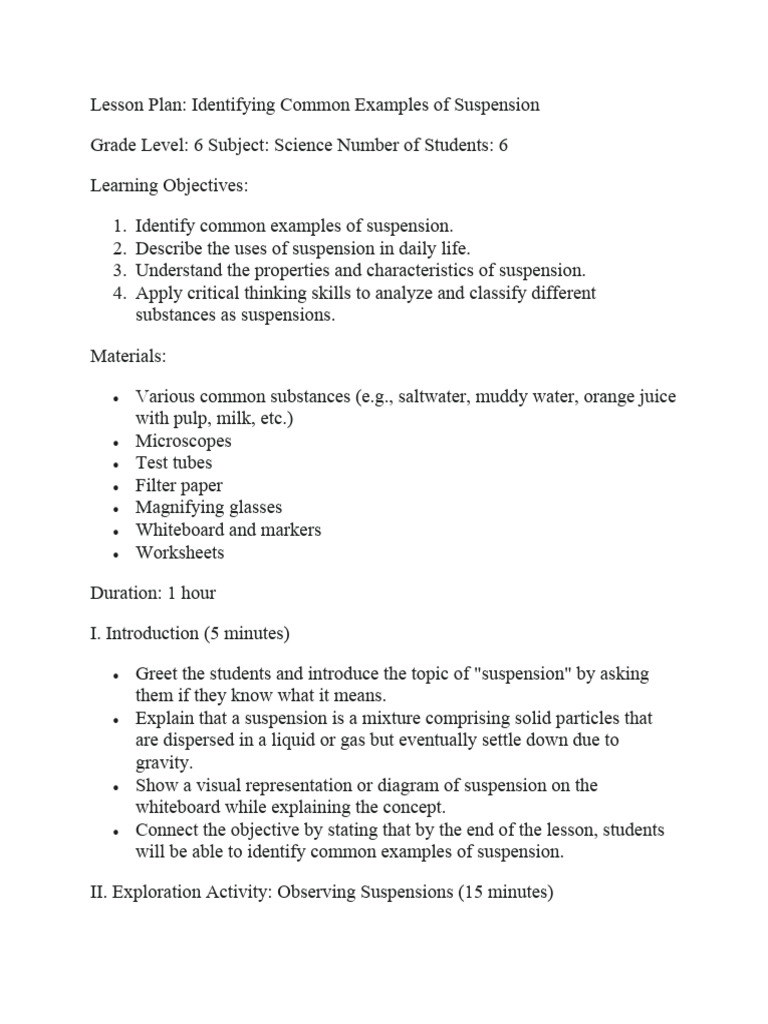 Lesson Plan in Common Examples of Suspension and Their Uses PDF
