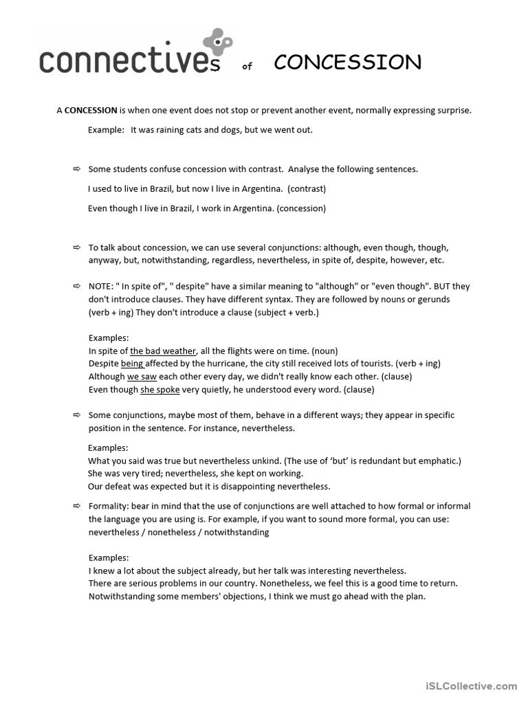 Conjunctions of CONCESSION Connectives PDF Clause Verb