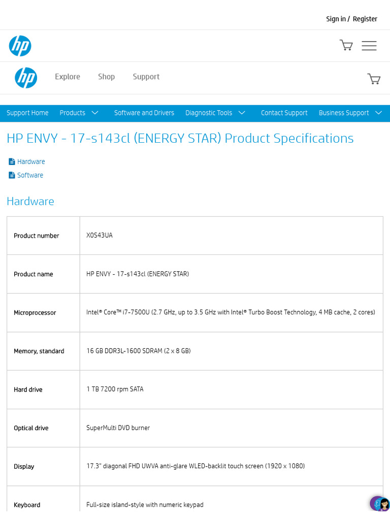 HP ENVY 17s143cl (ENERGY STAR) Product Specifications HP® Customer