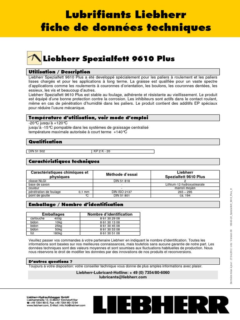 Lubrifiant Liebherr 9610 Plus Techniques | PDF | Matériaux | Sciences ...