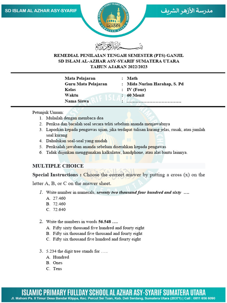 Uts Math Grade 4 Pdf Mathematics Mathematical Notation