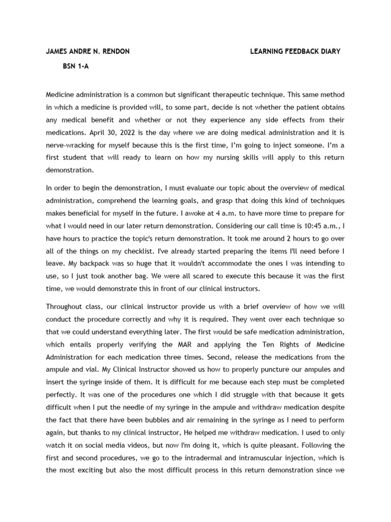 Nursing Learning Feedback Diary | PDF | Injection (Medicine) | Health ...